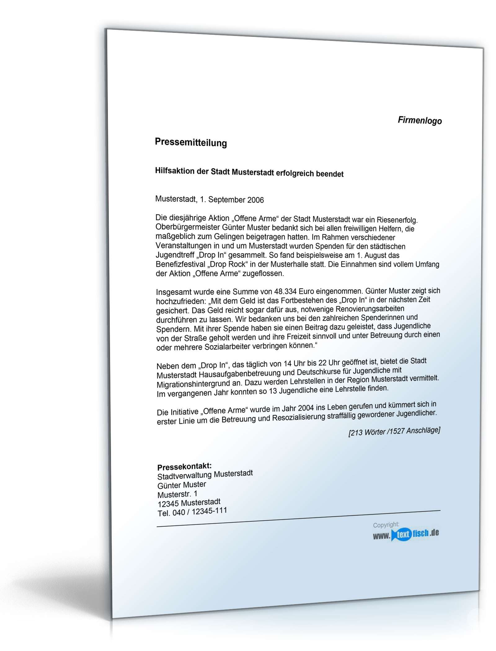 Pressemitteilung Ergebnisbericht einer Hilfsaktion (Stadt)