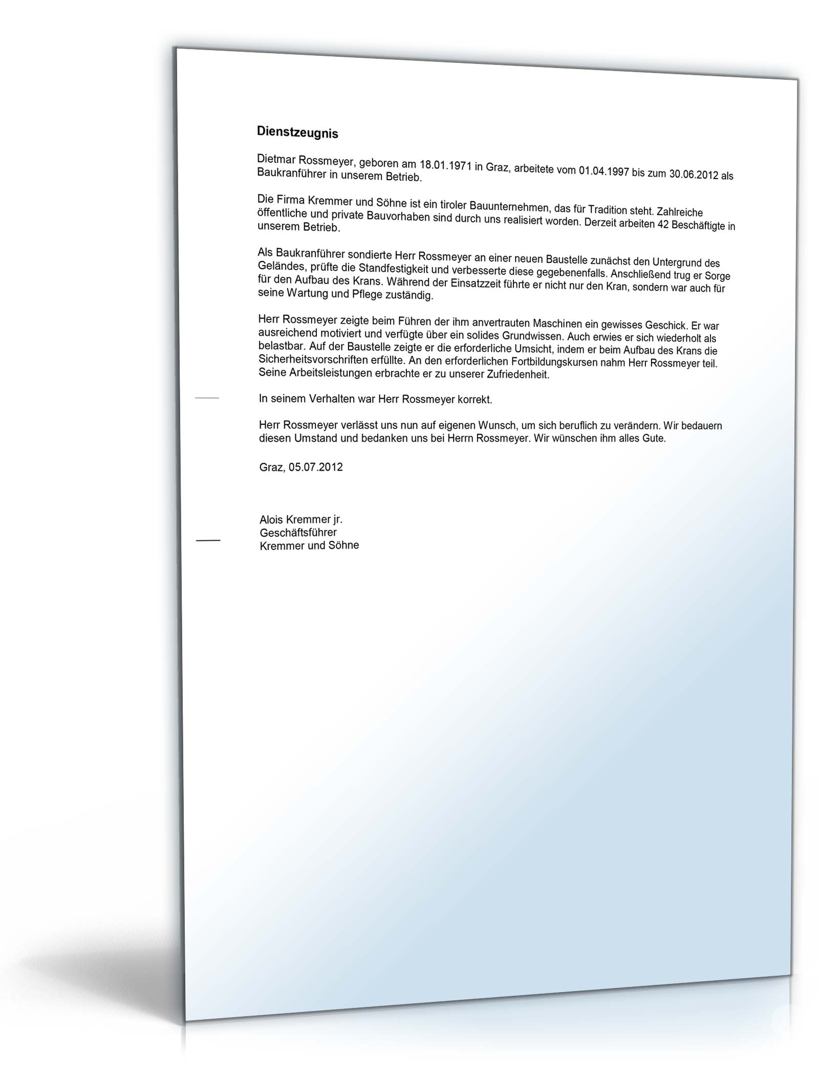 Dienstzeugnis "ausreichend" (Kranführer) Word