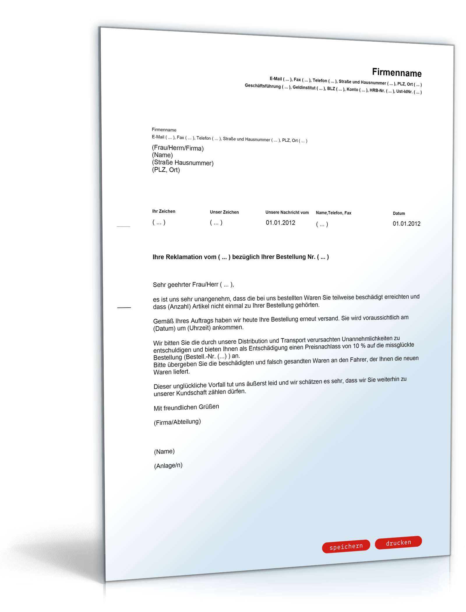 Angebot für Preisnachlass nach Reklamation einer Bestellung PDF