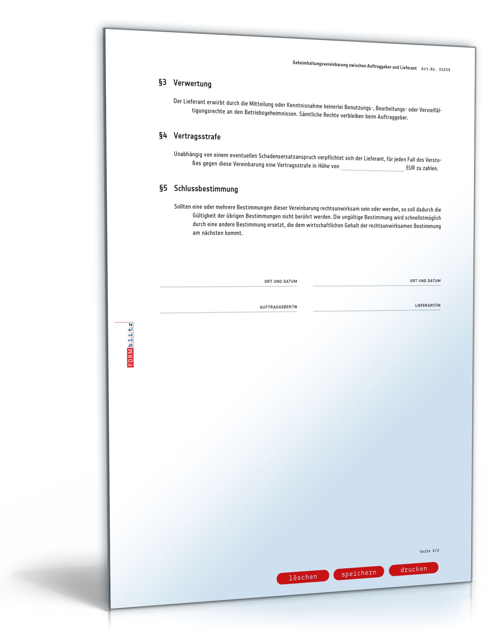 Geheimhaltungsvereinbarung zwischen Auftraggeber und Lieferant PDF. Seite: 2