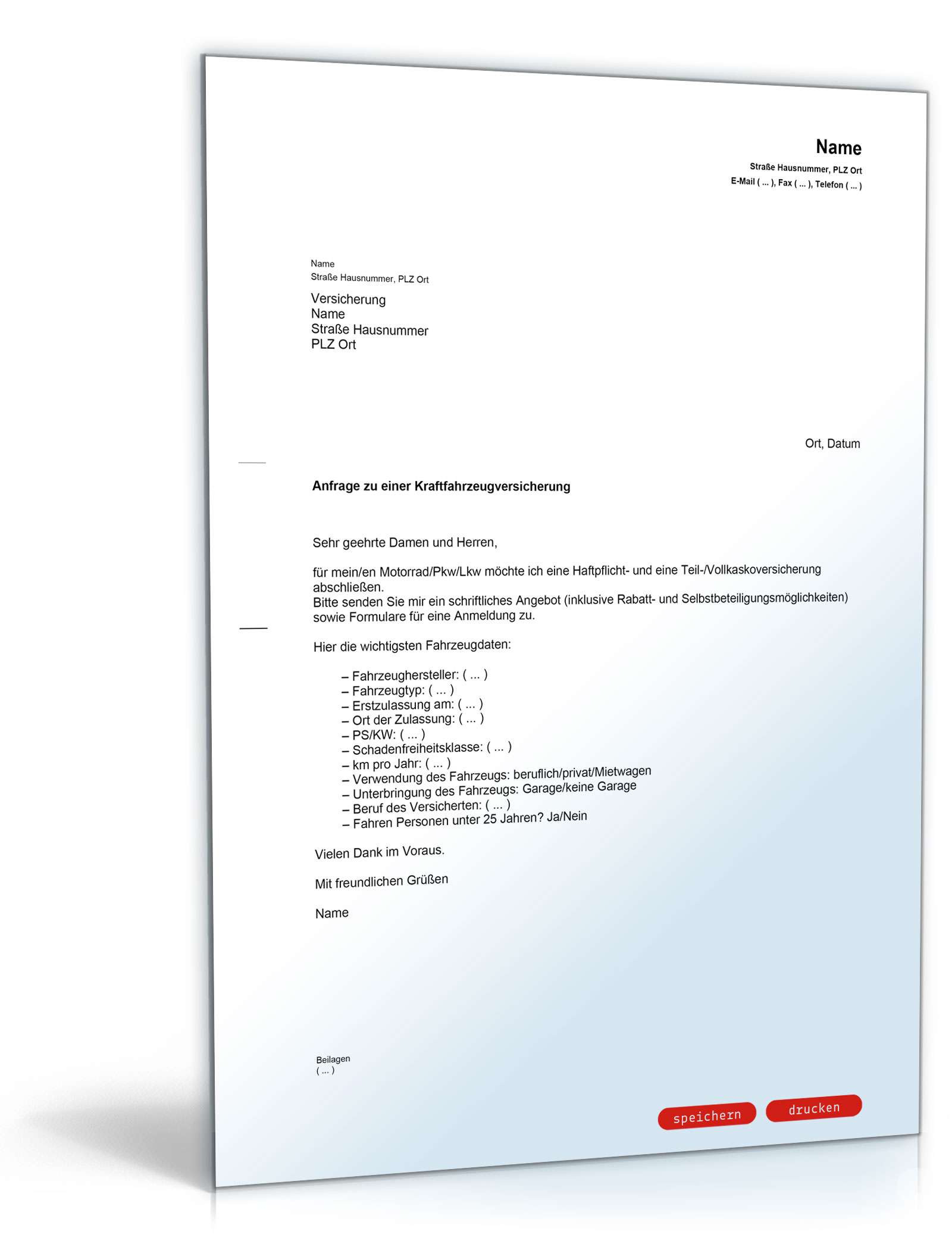 Anfrage wegen eines Angebotes für eine Autoversicherung PDF