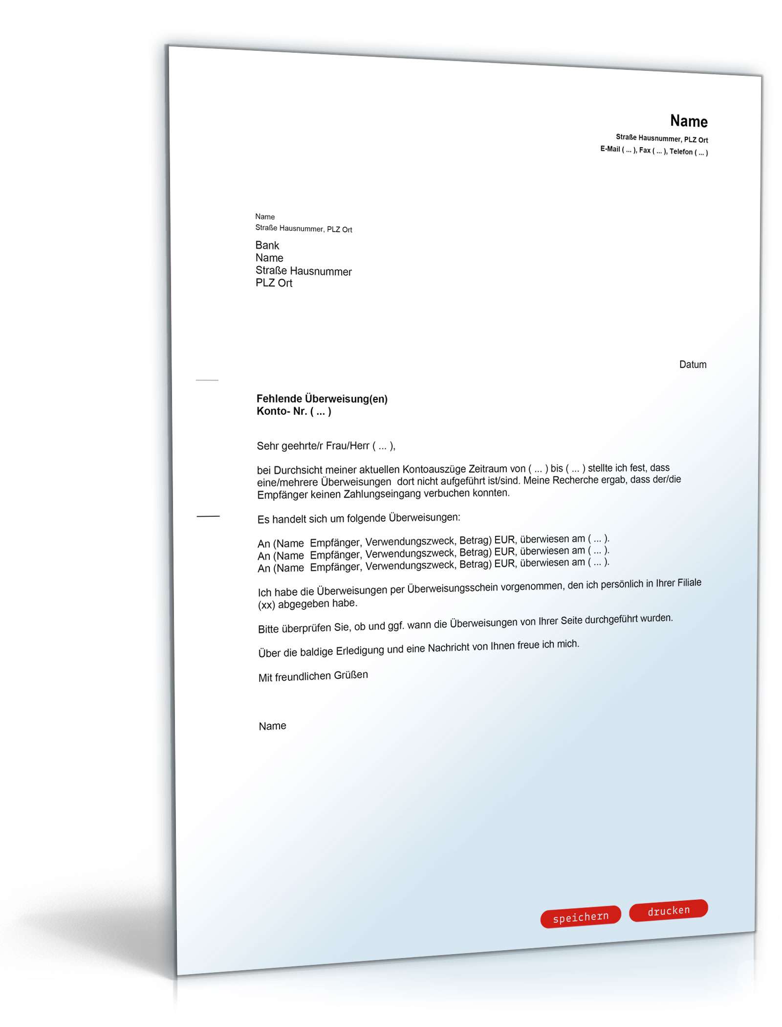 Brief an die Bank wegen fehlender Überweisung PDF