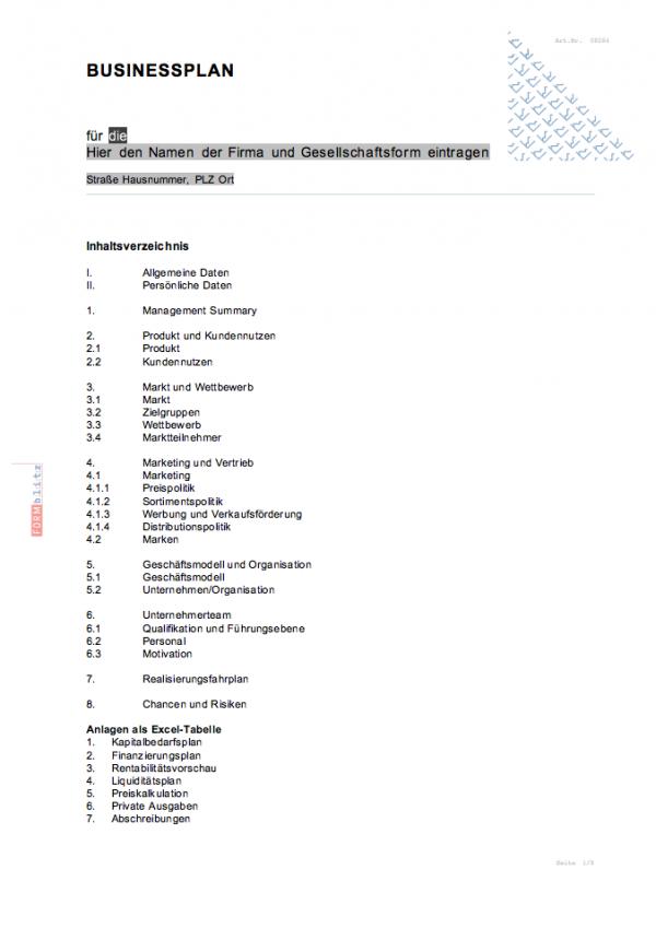 Businessplan allgemein Excel. Seite: 2