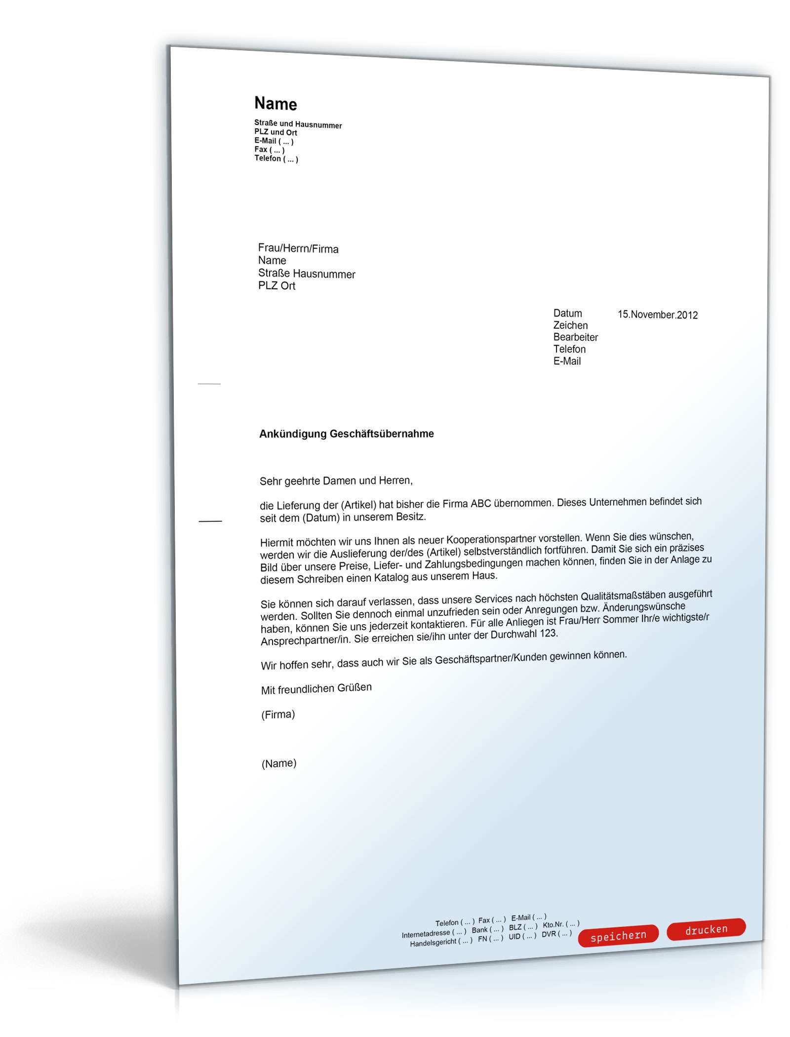 Ankündigung Geschäftsübernahme PDF