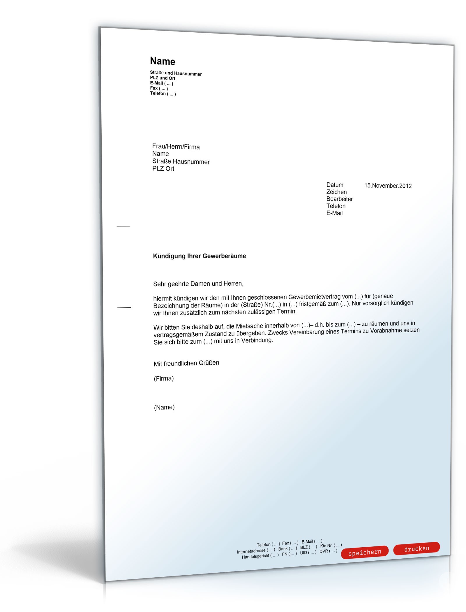 Kündigung Gewerbemietvertrag (fristgemäß, Vermieter) PDF
