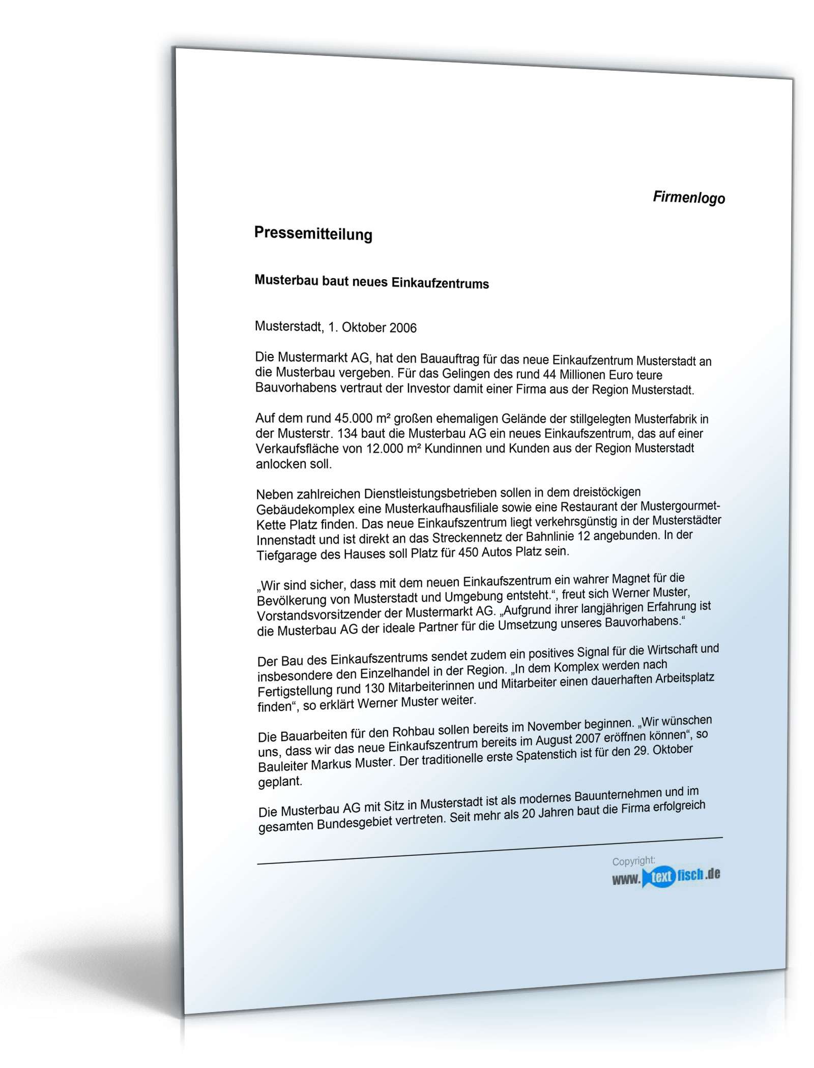 Pressemitteilung über Bau eines neuen Einkaufszentrums (Bauherr)