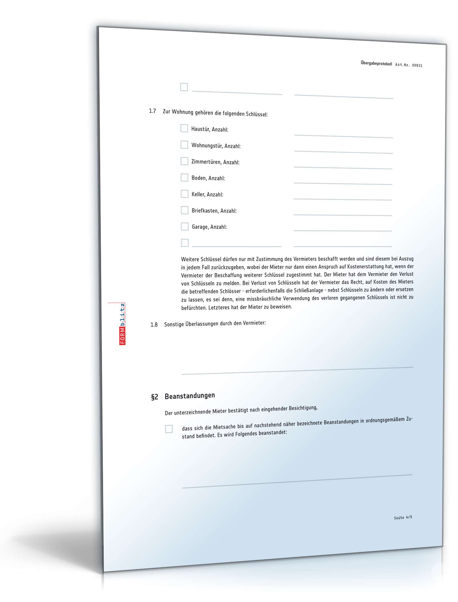 Übergabeprotokoll einer Mietsache mit Zusatzvereinbarung PDF. Seite: 4