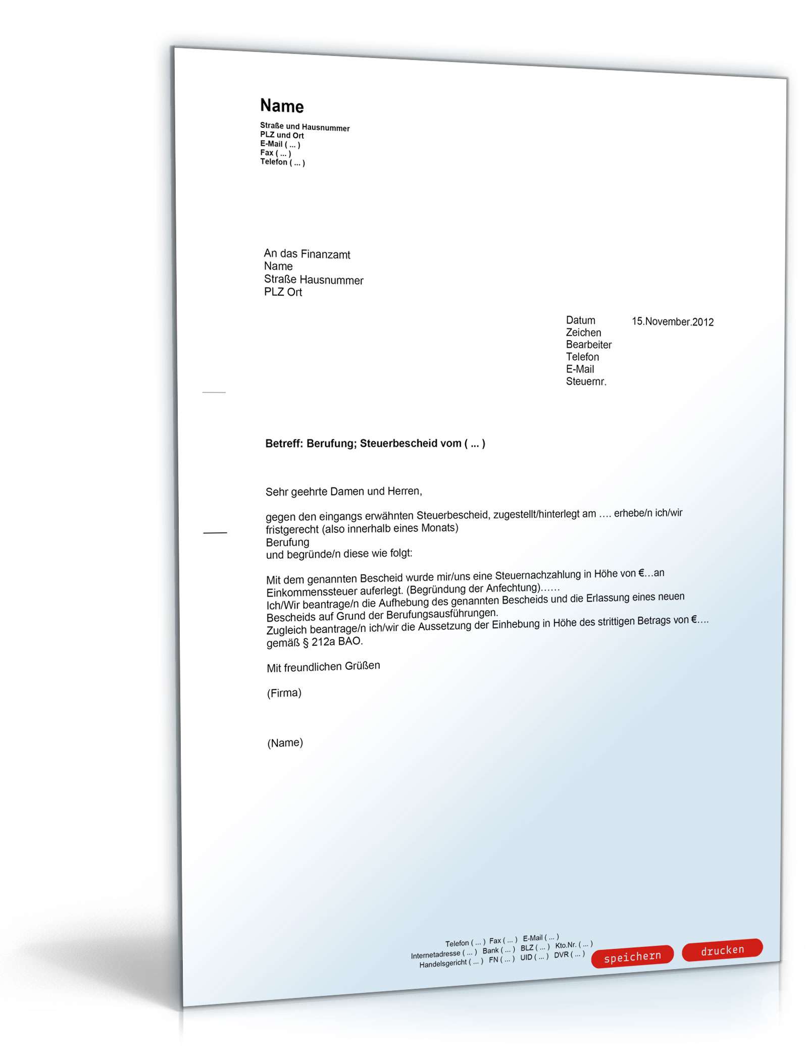 Beschwerde gegen einen Steuerbescheid PDF