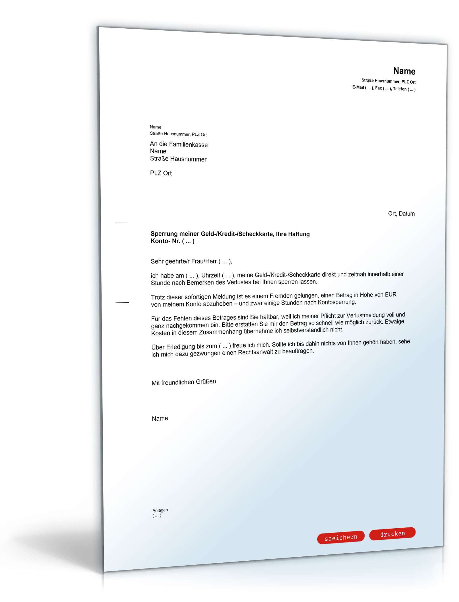 Brief an die Bank nach verspäteter Sperrung der Kredit-/ Scheckkarte PDF