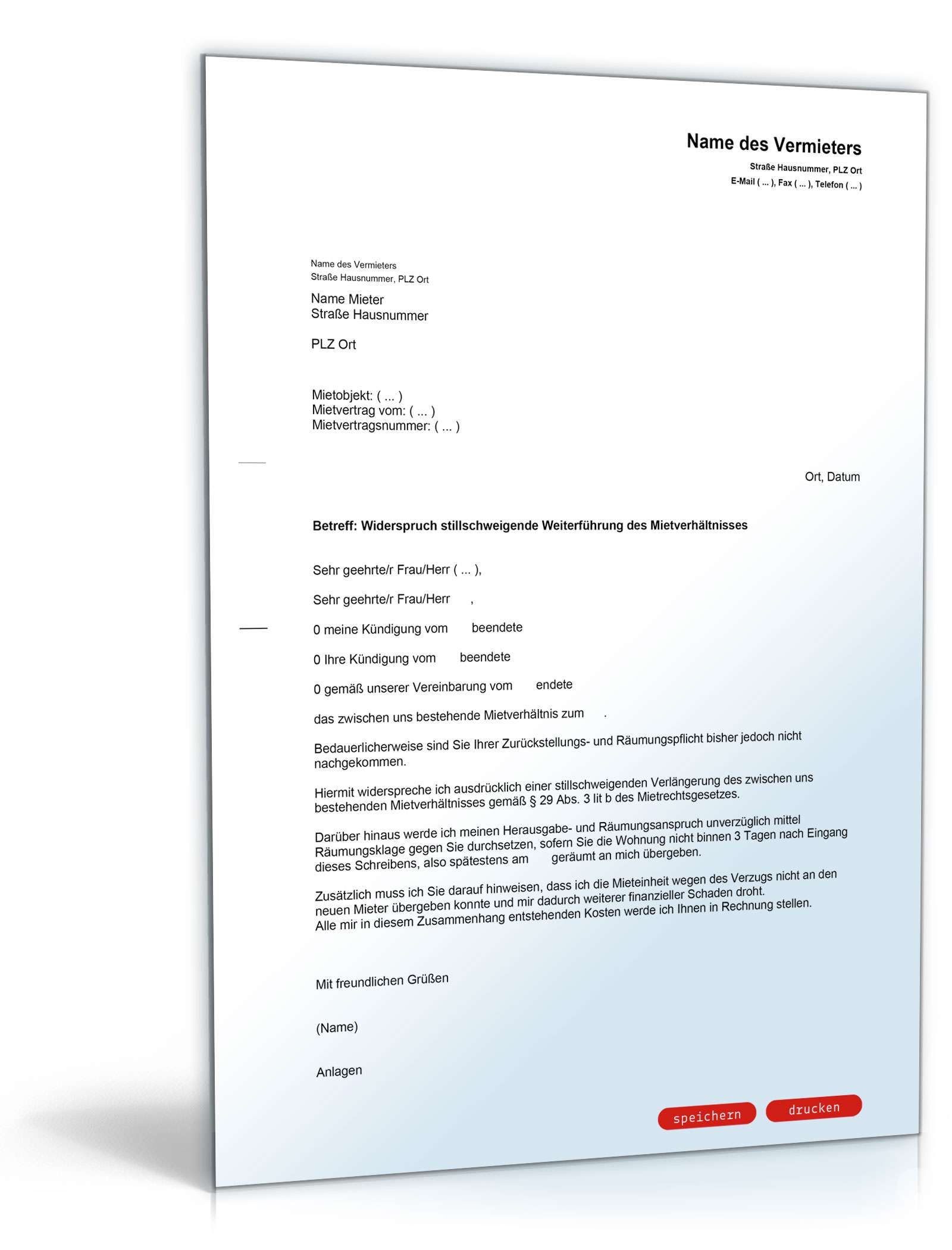 Widerspruch stillschweigende Weiterführung des Mietverhältnisses PDF