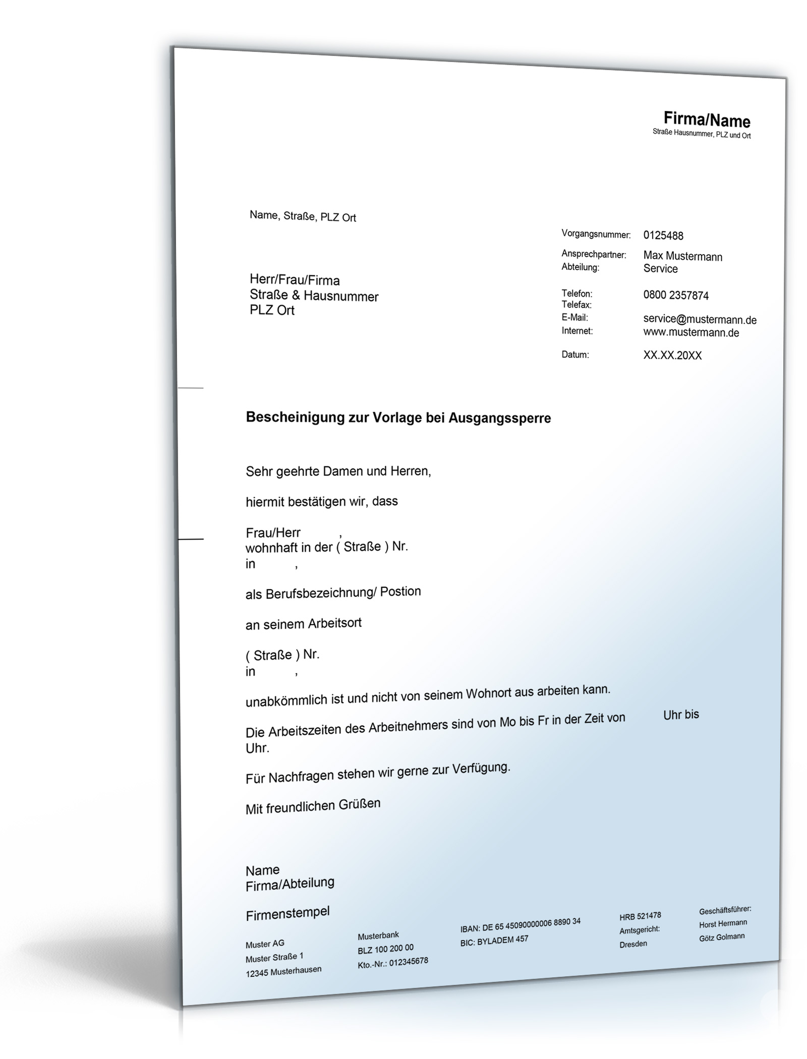 Arbeitgeberbescheinigung bei Ausgangssperre Word