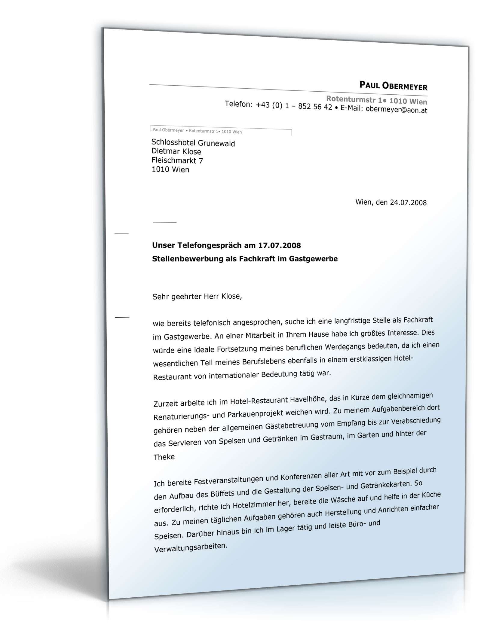 Bewerbung (Fachkraft im Gastgewerbe) Word