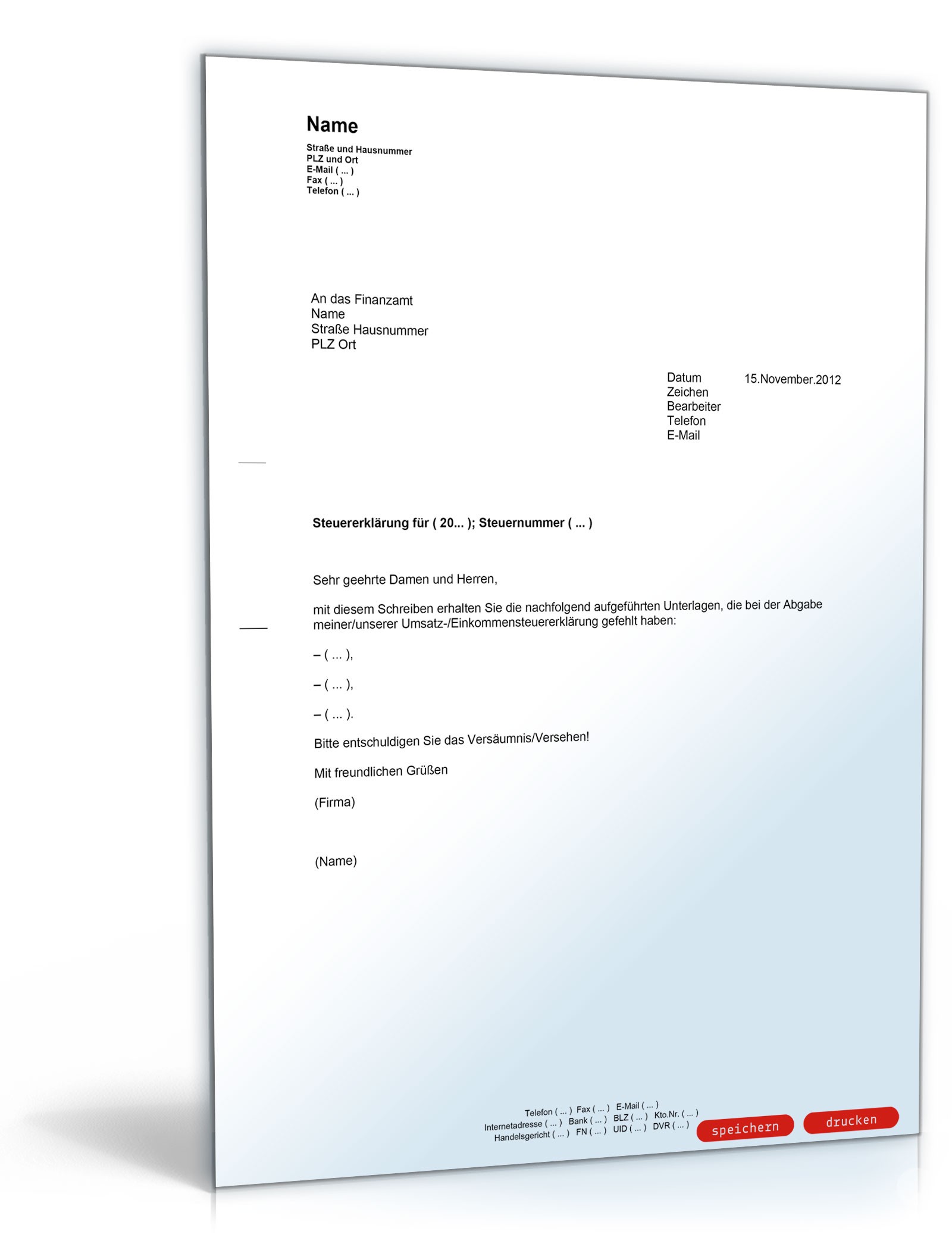 Begleitschreiben zur Steuererklärung (Nachreichen von Unterlagen) PDF