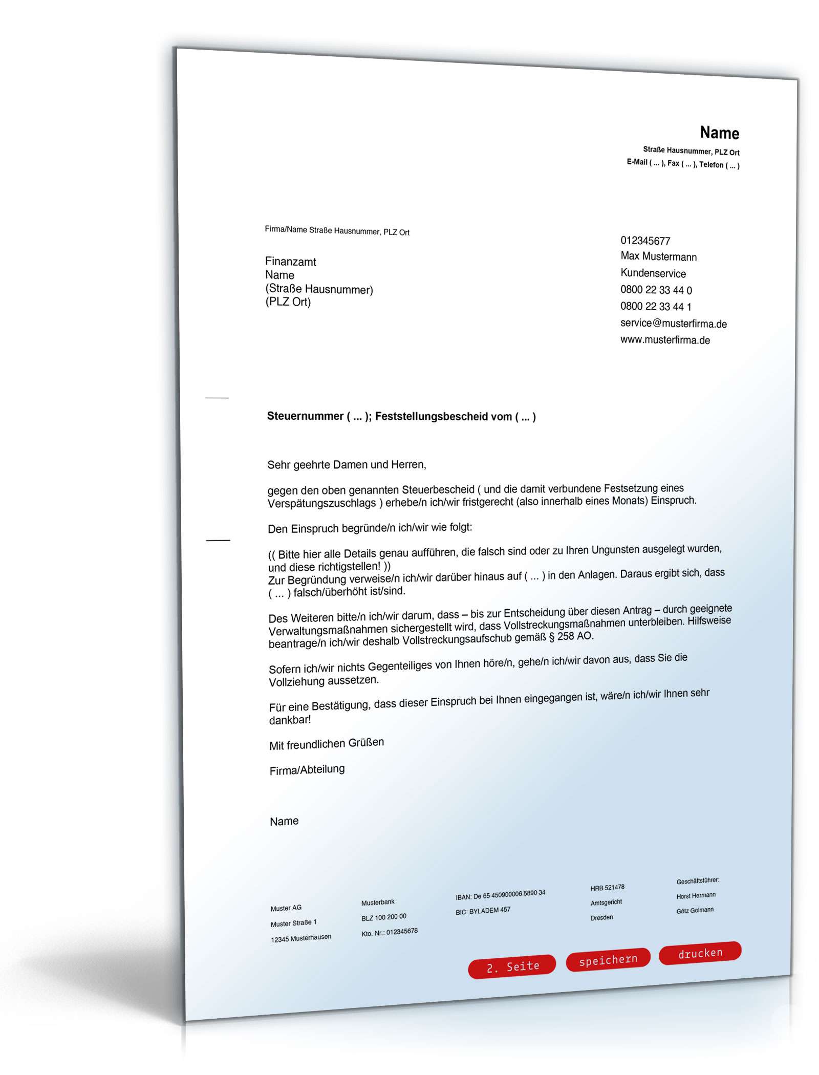 Vorlage für einen Einspruch gegen den Grundsteuerbescheid.